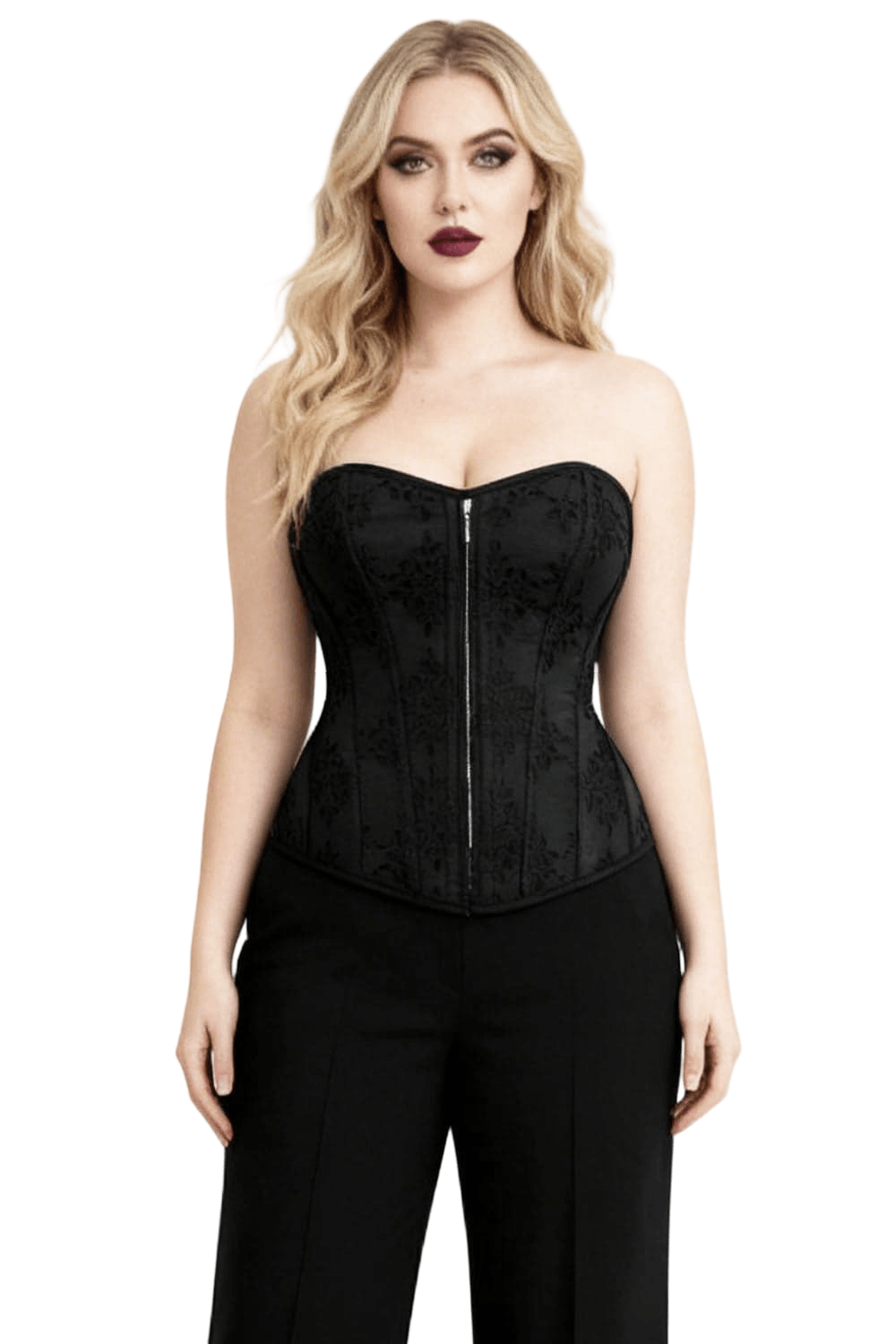 Chic Overbust Corset with Zip Front and Lace-Up Back modeled by a woman showcasing a sculpted silhouette.