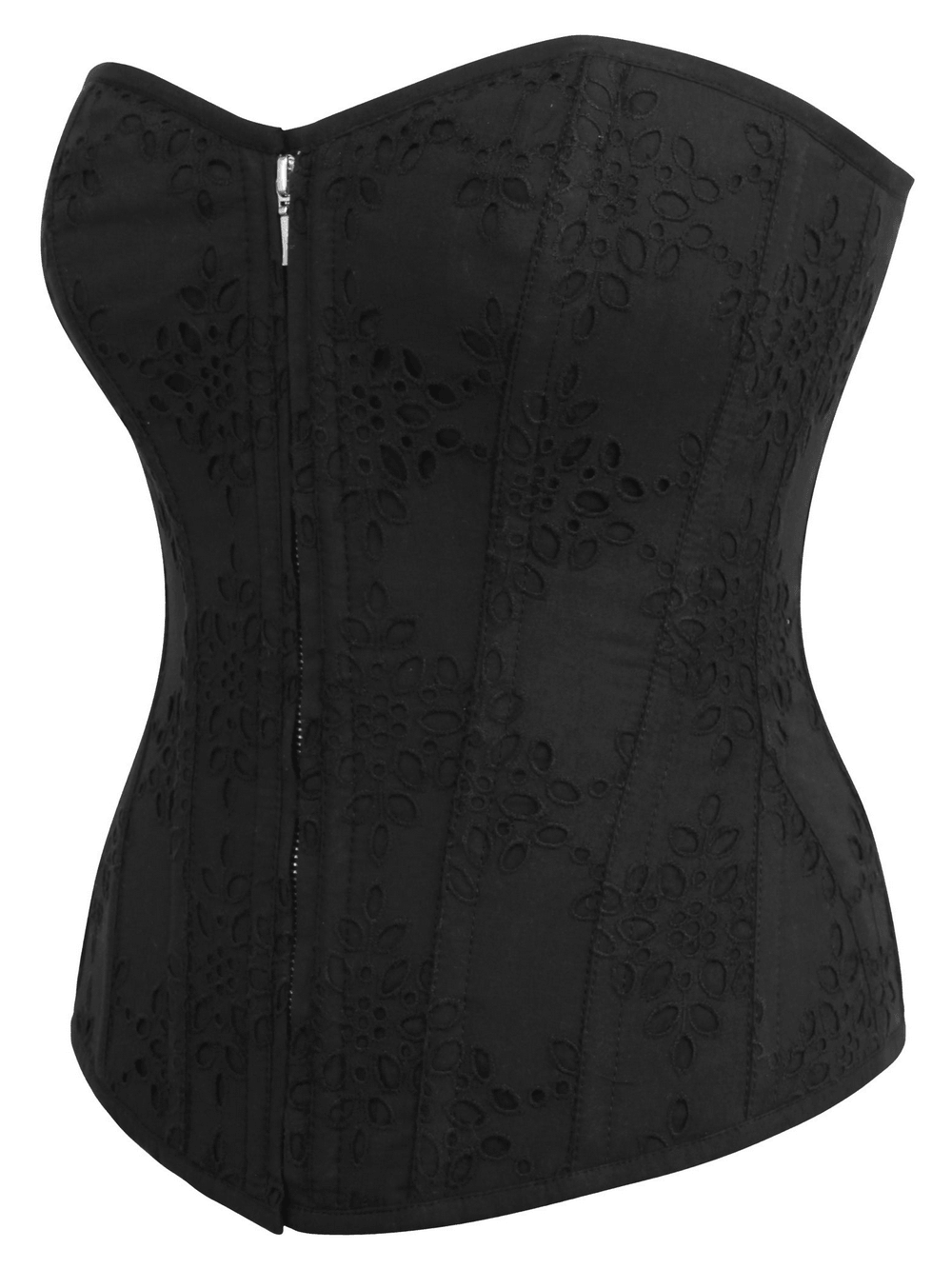 Chic Overbust Corset with Zip Front and Lace-Up Back in black floral eyelet design, perfect for gothic and alternative fashion.