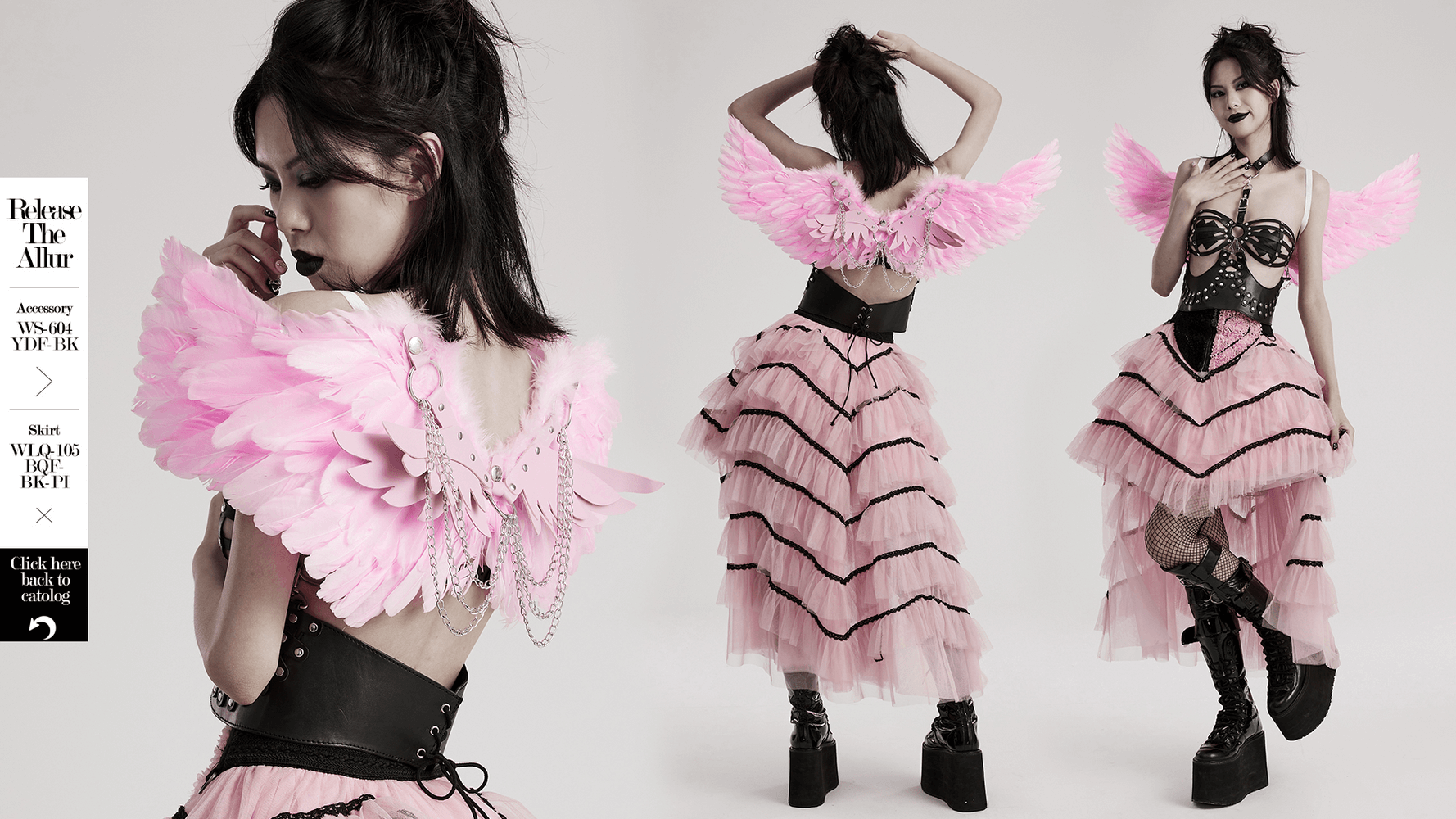 Chic pink angel wings harness with silver chains, perfect for festivals and theatrical events.