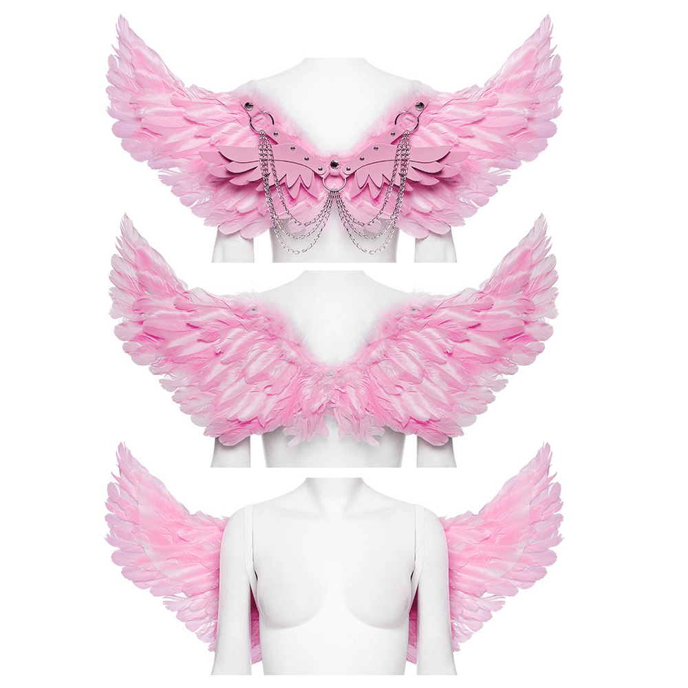 Chic pink feathered wings harness with silver chains, perfect for festivals and theatrical events.
