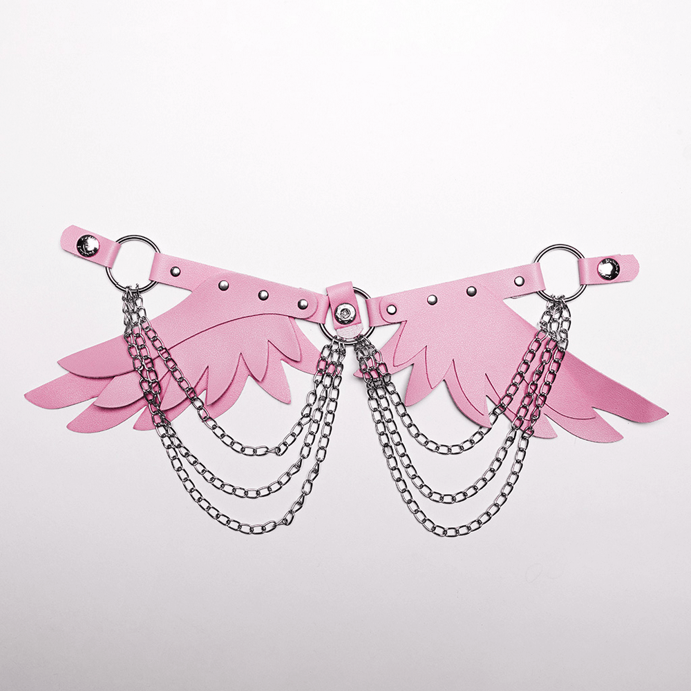 Chic pink angel wings harness with silver chains, perfect for festivals and theatrical performances.