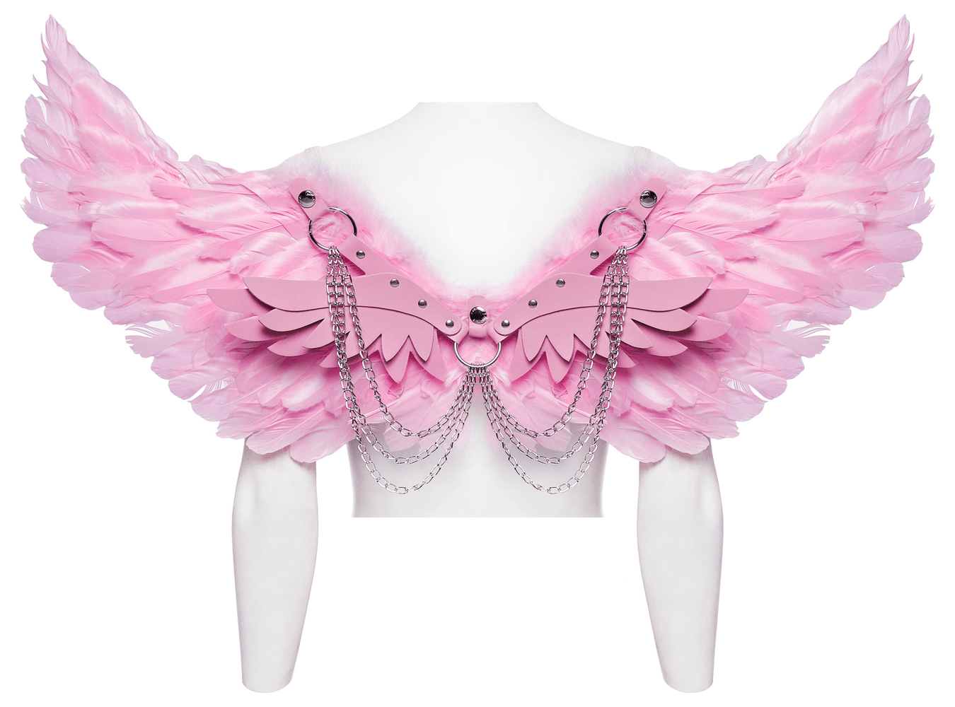 Chic pink feathered angel wings harness with silver chains, perfect for festivals and theatrical performances.