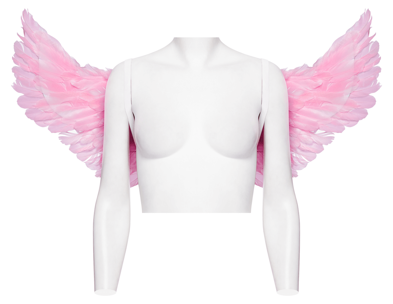 Chic pink feathered angel wings harness with silver chains, perfect for festivals and theatrical performances.
