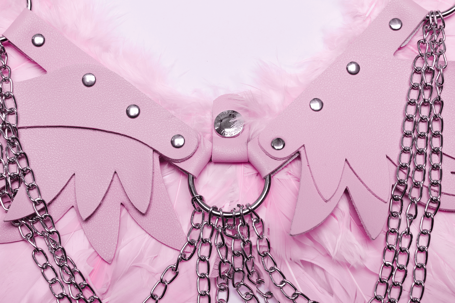 Chic pink angel wings harness featuring silver chains and feathered accents for festivals and parties.