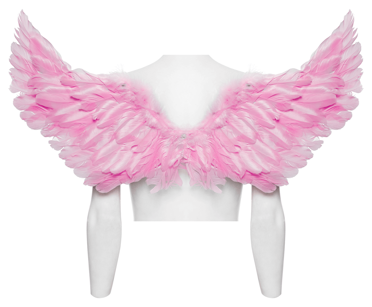 Chic pink feathered angel wings harness for festivals and parties, adorned with silver chains for elegance.