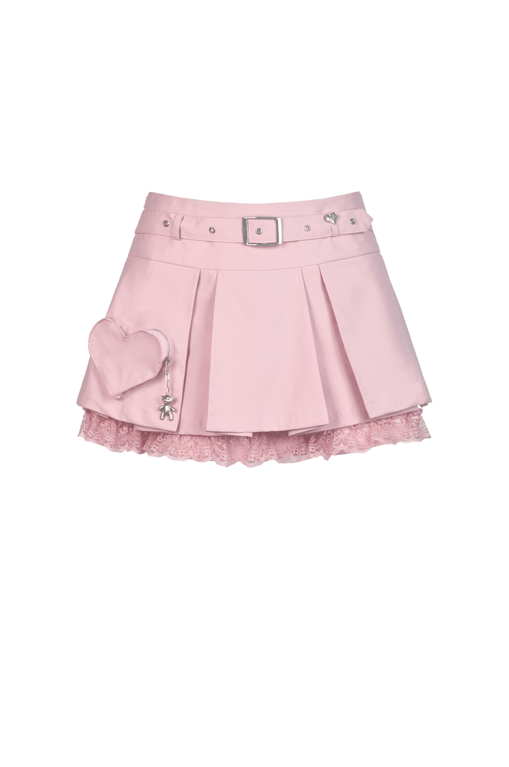 Chic pastel pink pleated mini skirt with lace trim and heart detail, perfect for stylish outfits.