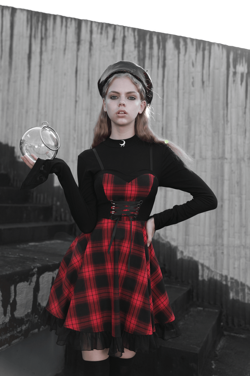 Chic plaid A-Line dress with lace trim and waist detail, perfect for a fashionable and timeless look.