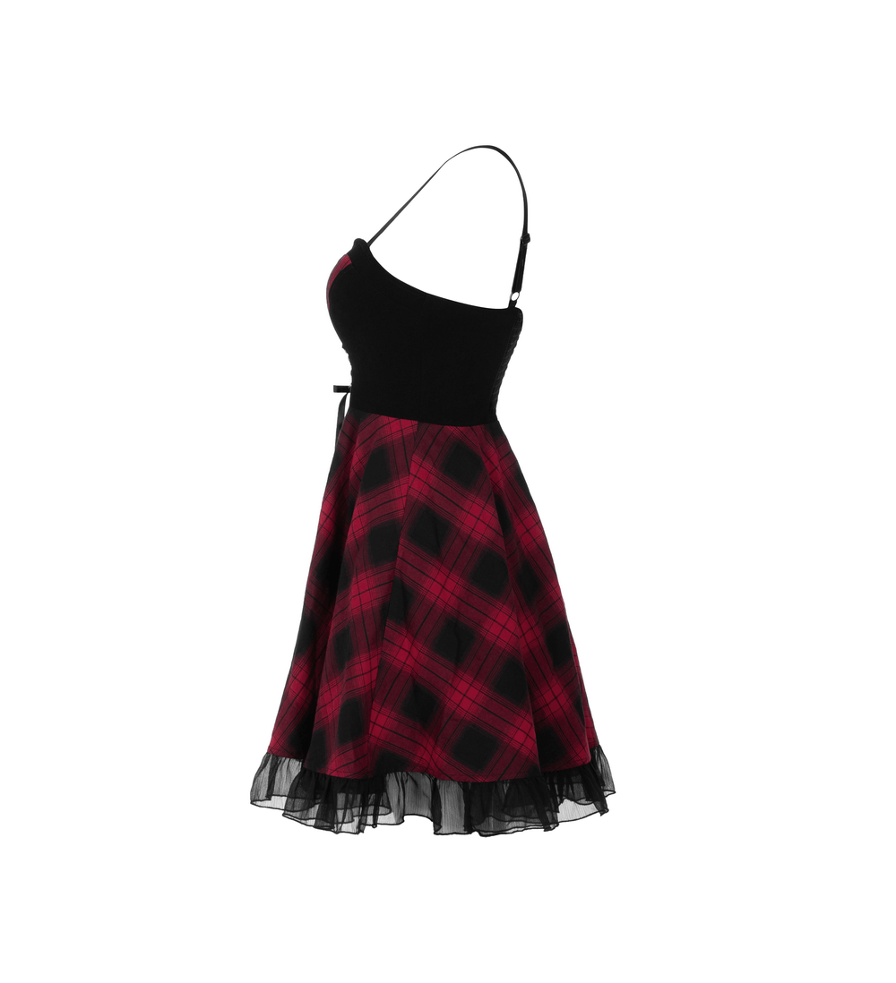 Chic plaid A-line dress featuring lace trim, adjustable straps, and a cute waist detail for a timeless look.