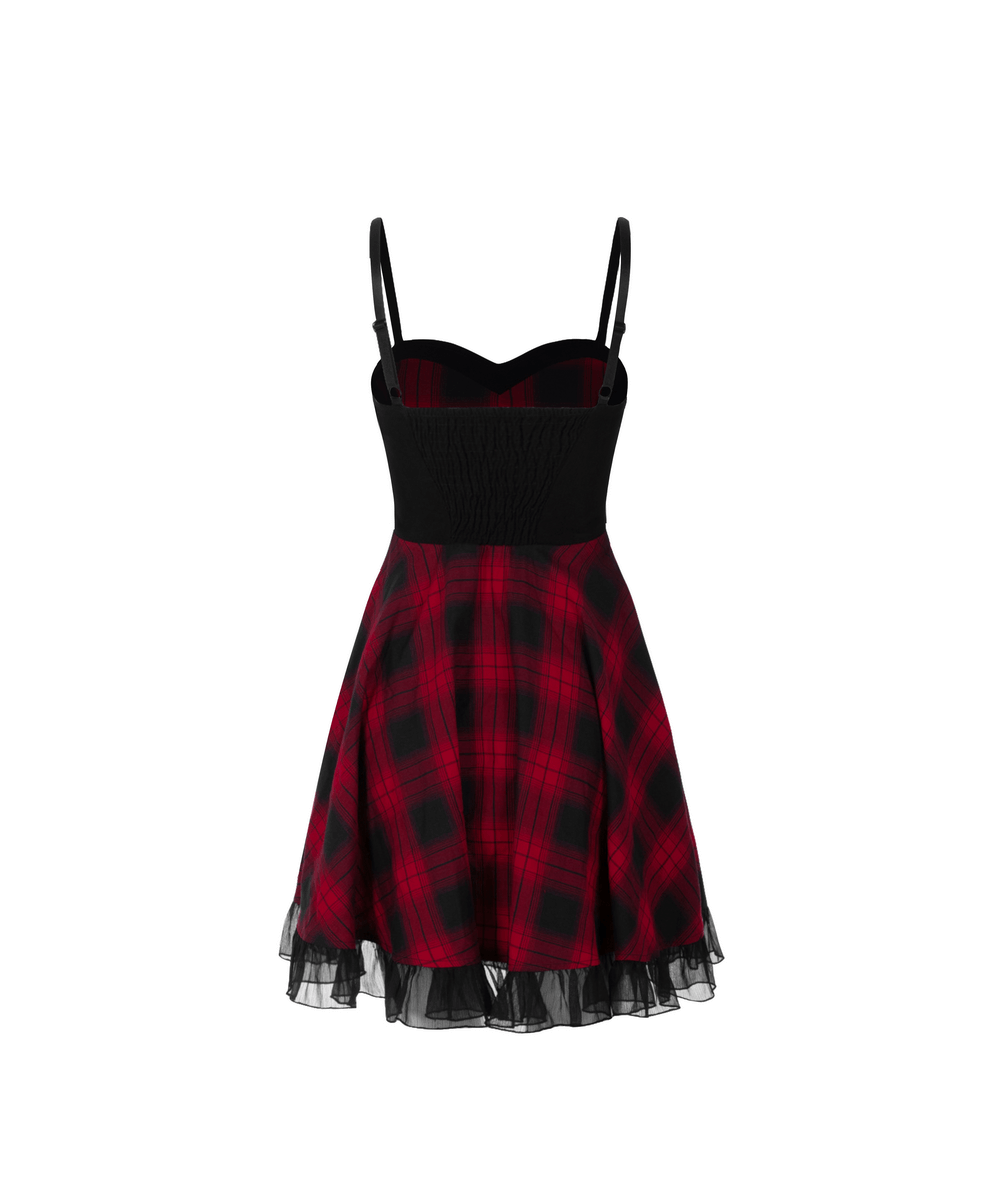 Chic plaid A-line dress in red and black with lace trim and waist detail, perfect for a stylish, timeless look.