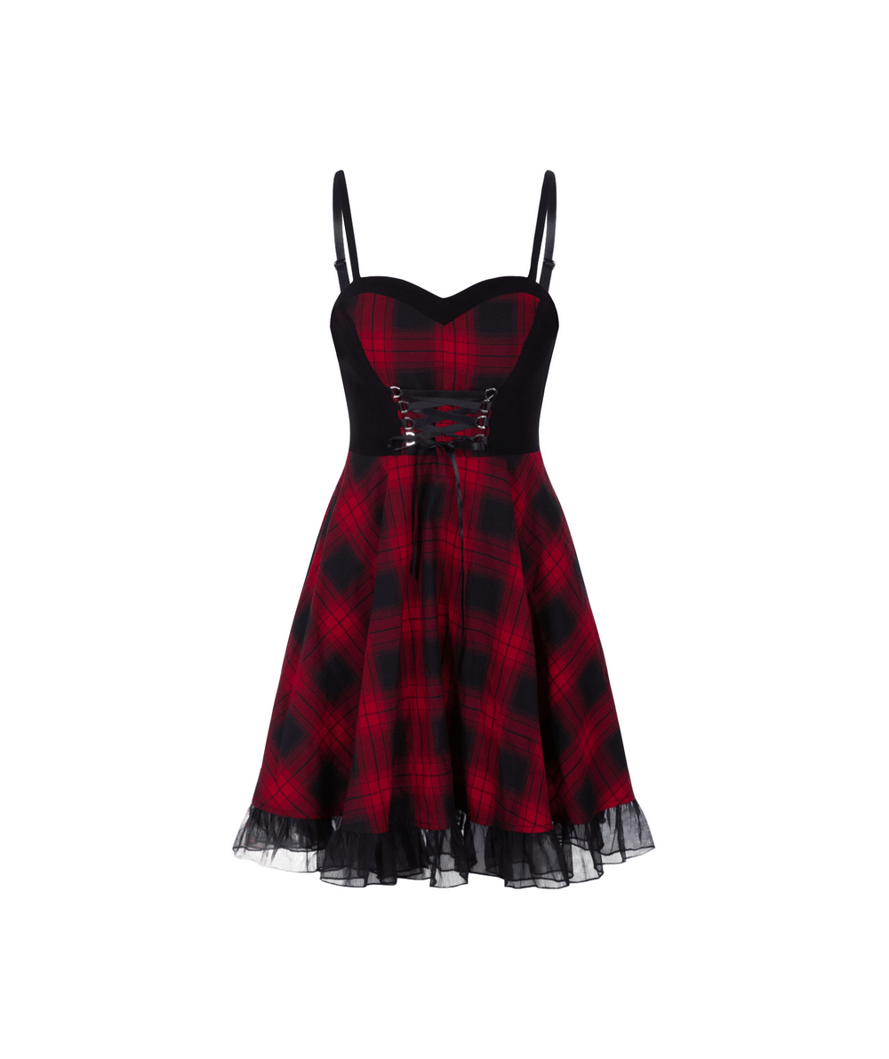Chic Plaid A-Line Dress with Lace Trim and Waist Detail - HARD'N'HEAVY