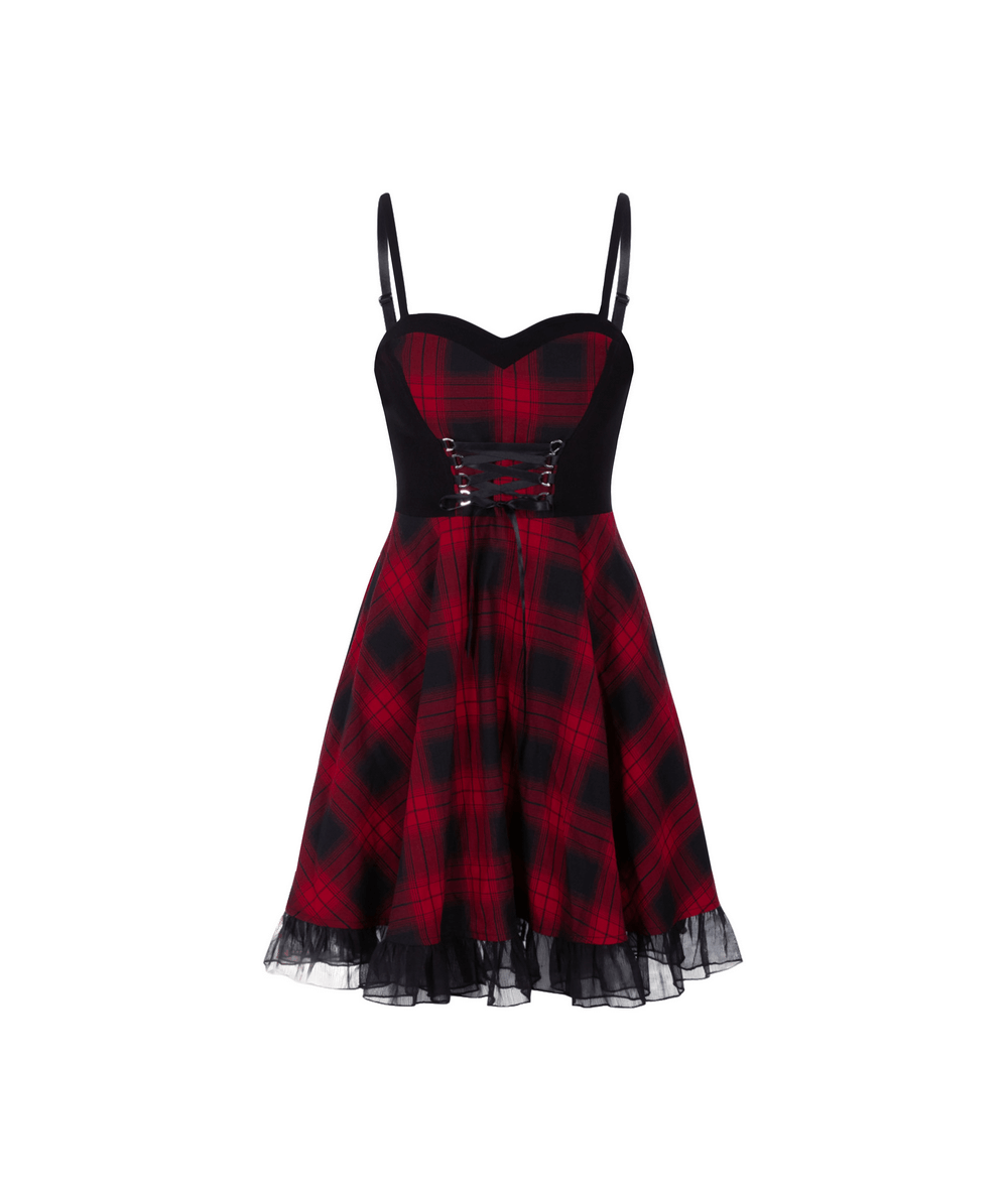 Chic Plaid A-Line Dress with Lace Trim and Waist Detail