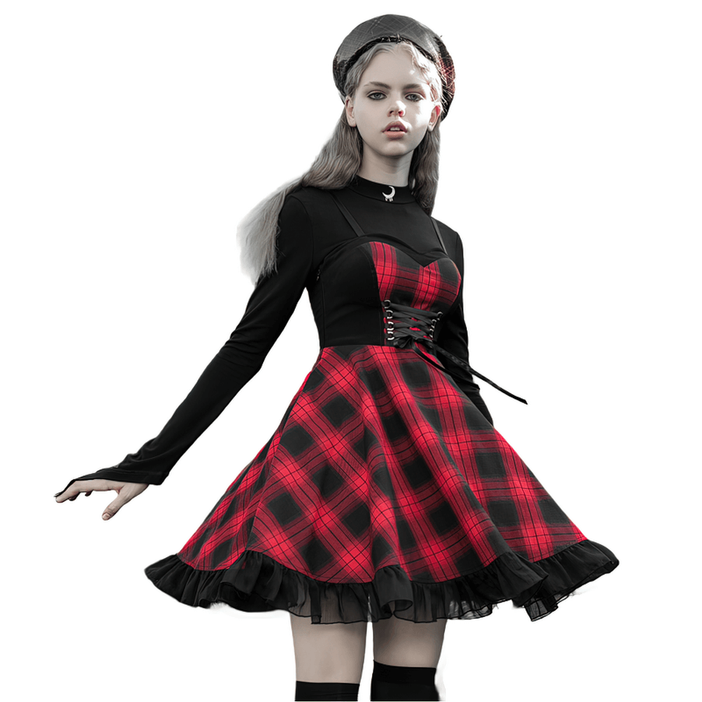 Chic plaid A-line dress with lace trim and cute waist detail in striking red and black pattern.