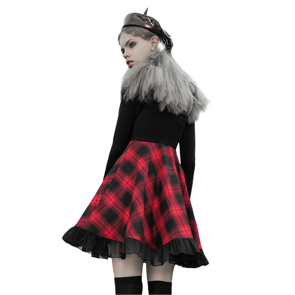 Chic plaid A-line dress with lace trim, featuring adjustable straps and smocked back, perfect for a stylish look.