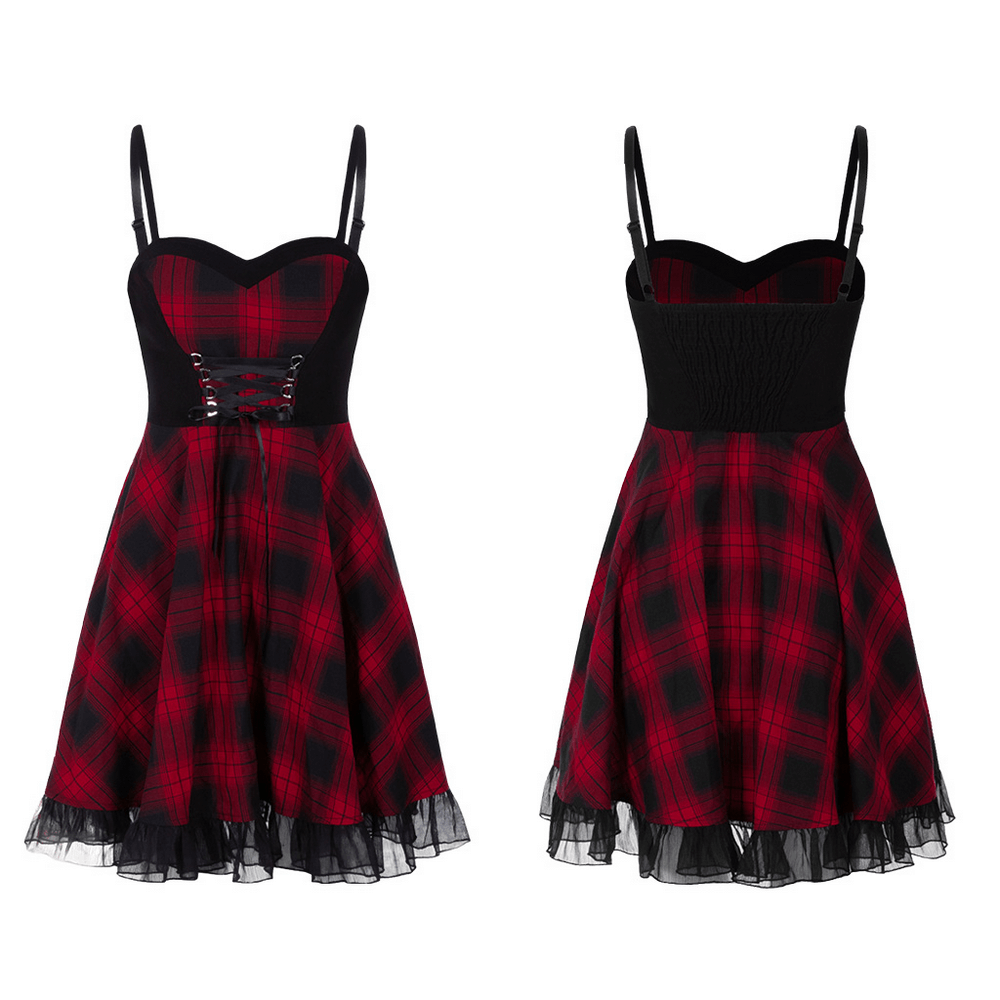 Chic plaid A-line dress with lace trim, adjustable straps, and slimming waist detail in red and black.
