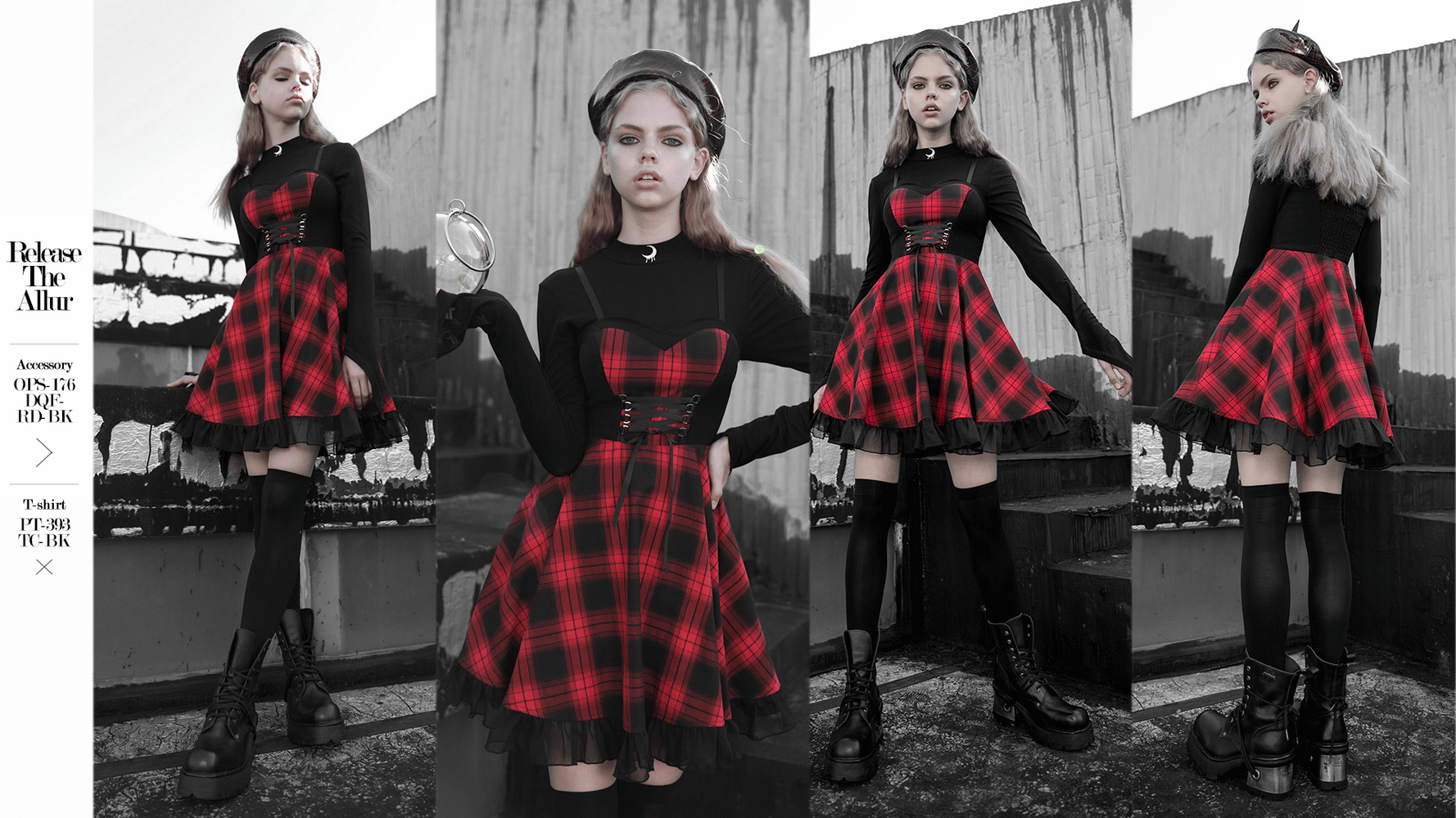 Chic plaid A-line dress with lace trim and waist detail, featuring bold red and black patterns, perfect for stylish looks.