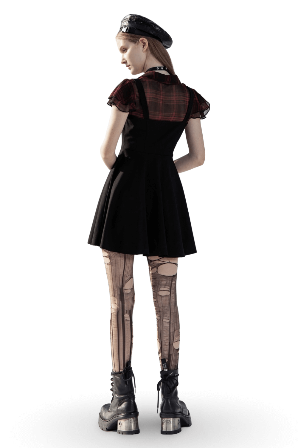 Chic Gothic A-Line Dress with plaid and falbala sleeves, back view showcasing stylish black fabric and unique legwear.