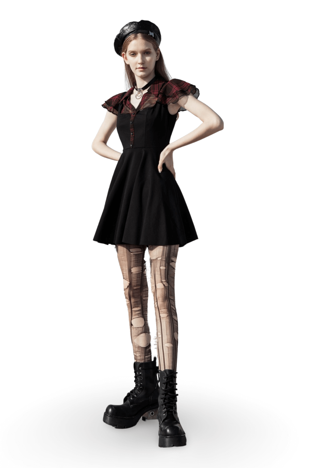 Chic plaid A-line gothic dress featuring falbala sleeves and rivets, paired with edgy knee-high boots and unique patterned tights.