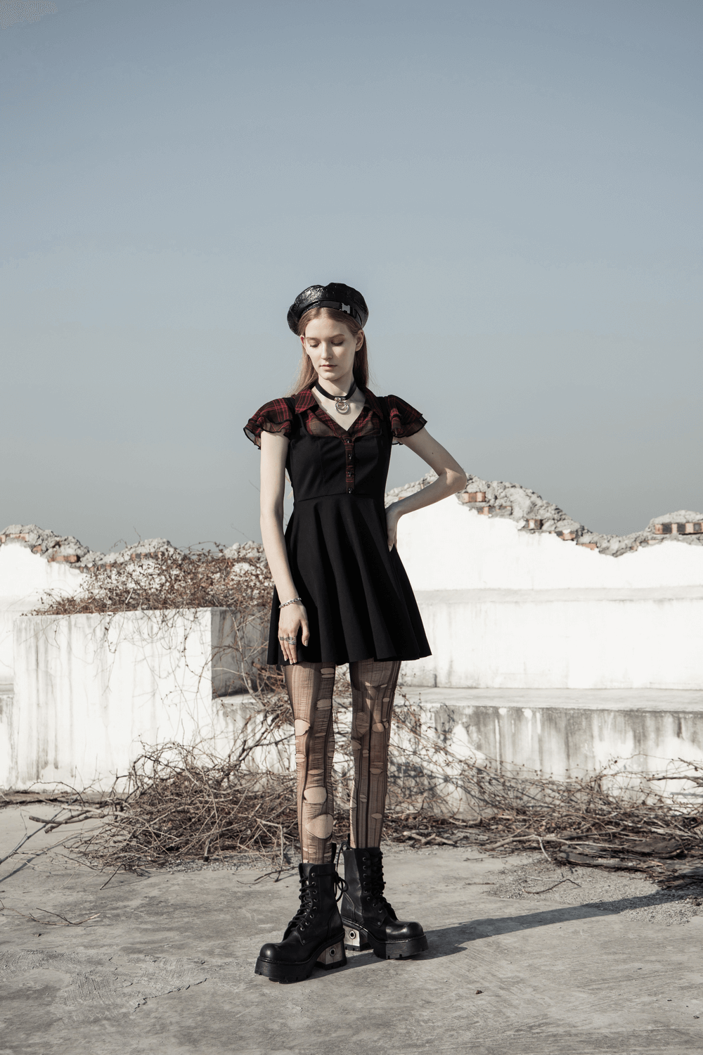 Chic Gothic A-Line dress with falbala sleeves, V-neck, and stylish ghost rivets, perfect for a fashionable look.