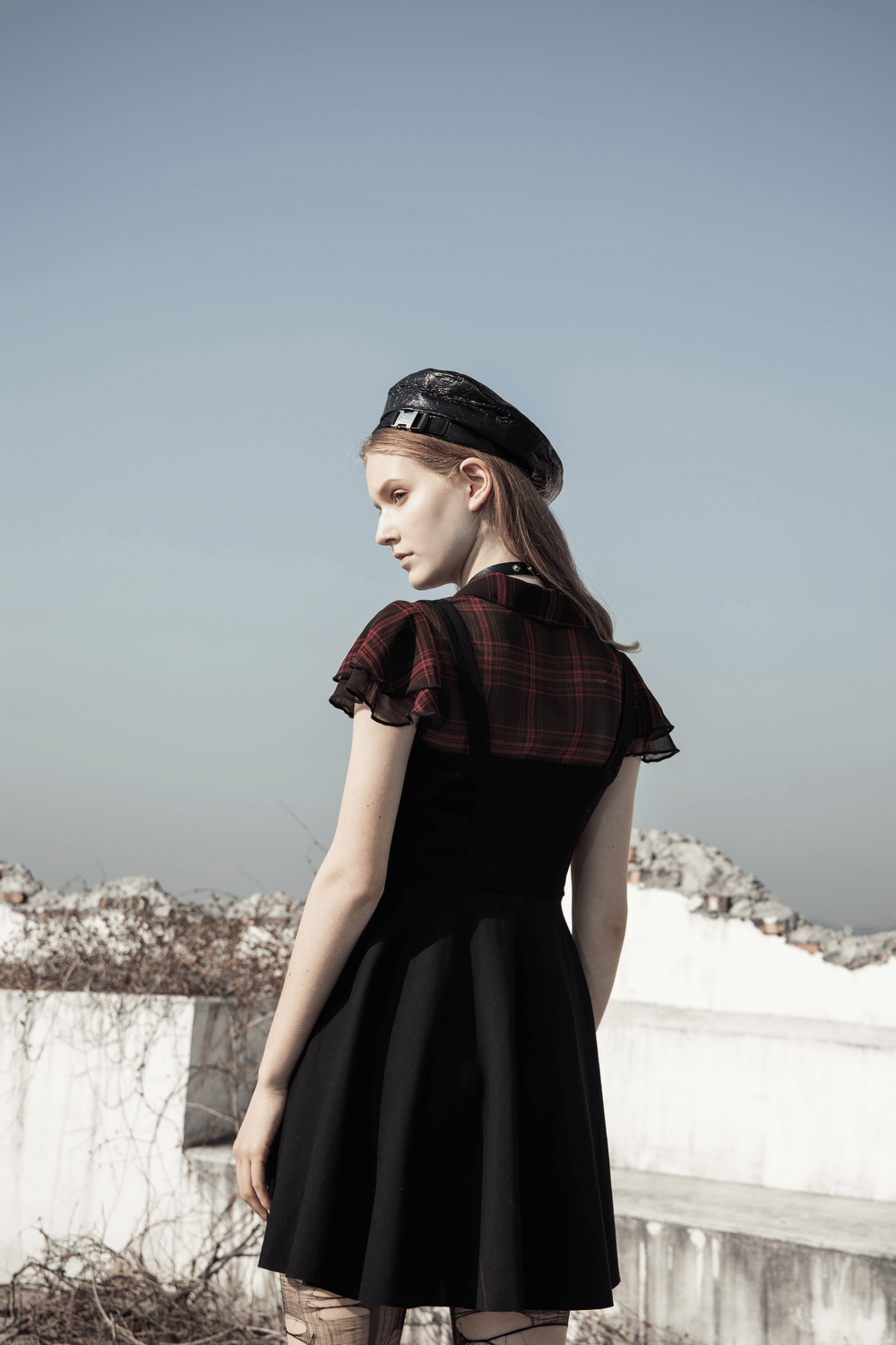 Chic Plaid A-Line Dress with Rivets and V-Neck Detail