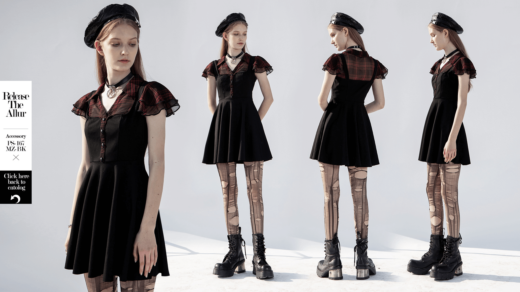 Chic gothic A-Line dress with plaid sleeves, V-neck, falbala trim, and stylish boots for a bold, fashionable look.