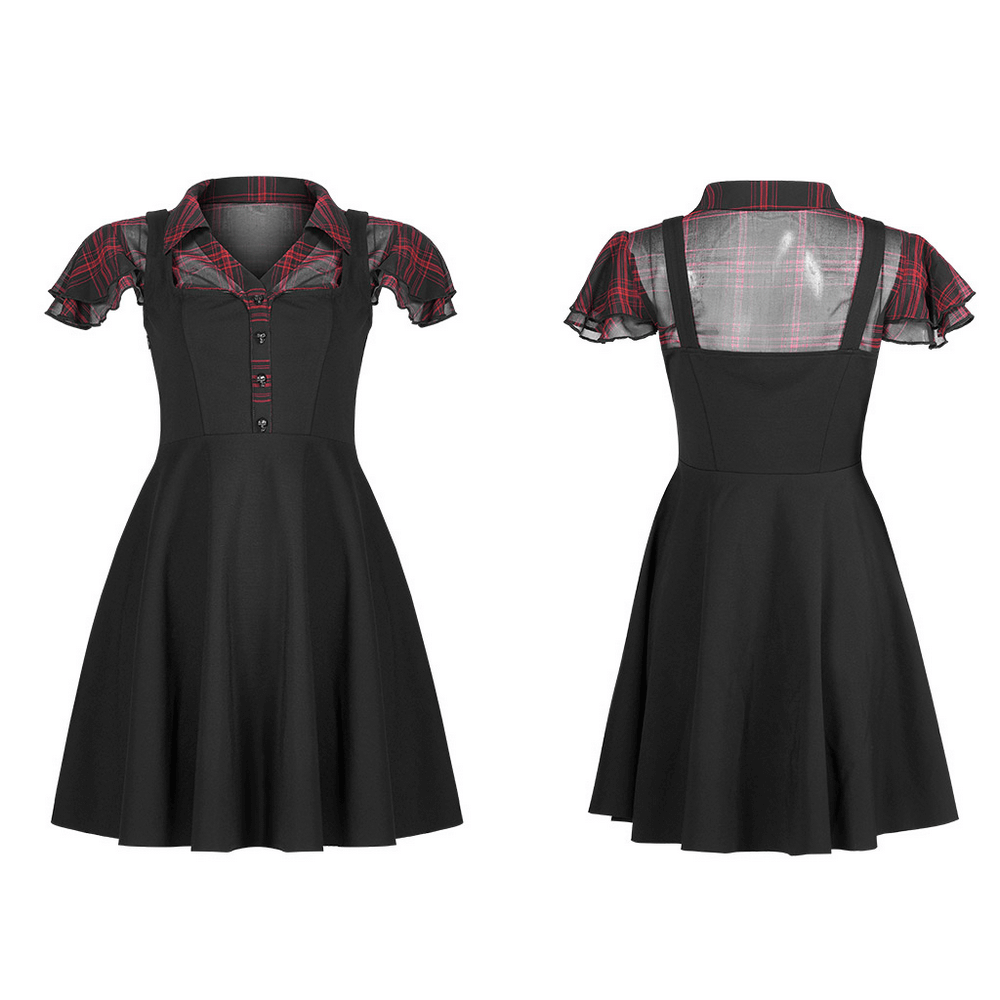 Chic plaid A-line dress with rivets and V-neck detail, featuring falbala sleeves and elegant silhouette.