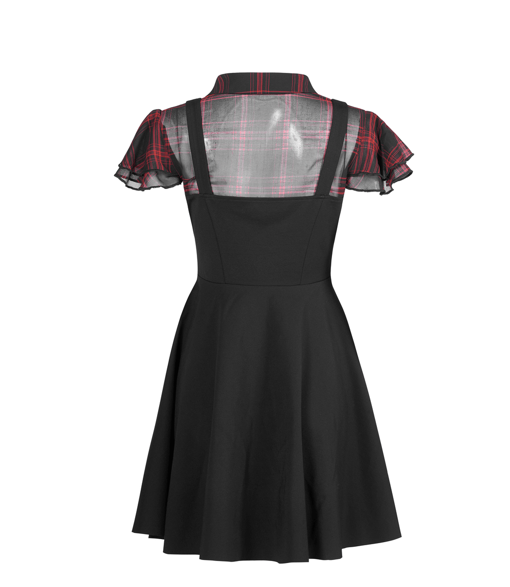 Chic A-Line Gothic dress featuring plaid falbala sleeves, V-neck detail, and stylish cut-out with rivets.