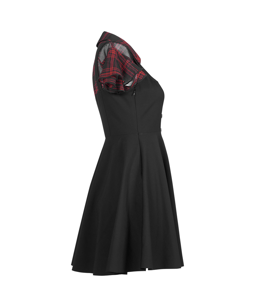 Chic plaid A-Line dress with falbala sleeves, V-neck detail, and ghost rivets for a trendy gothic look.