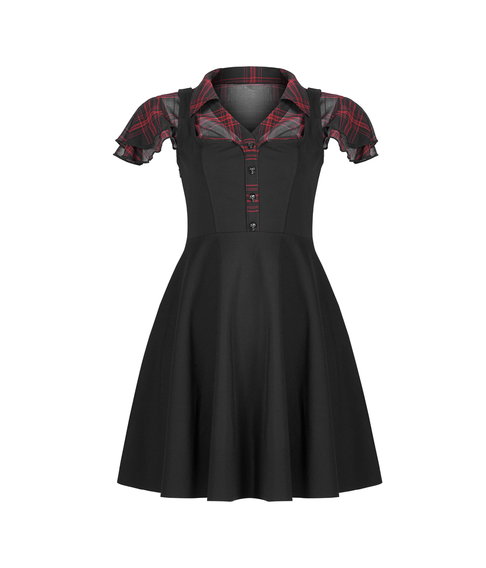 Chic plaid A-line dress with rivets and V-neck detail, featuring falbala sleeves for a unique Gothic style.