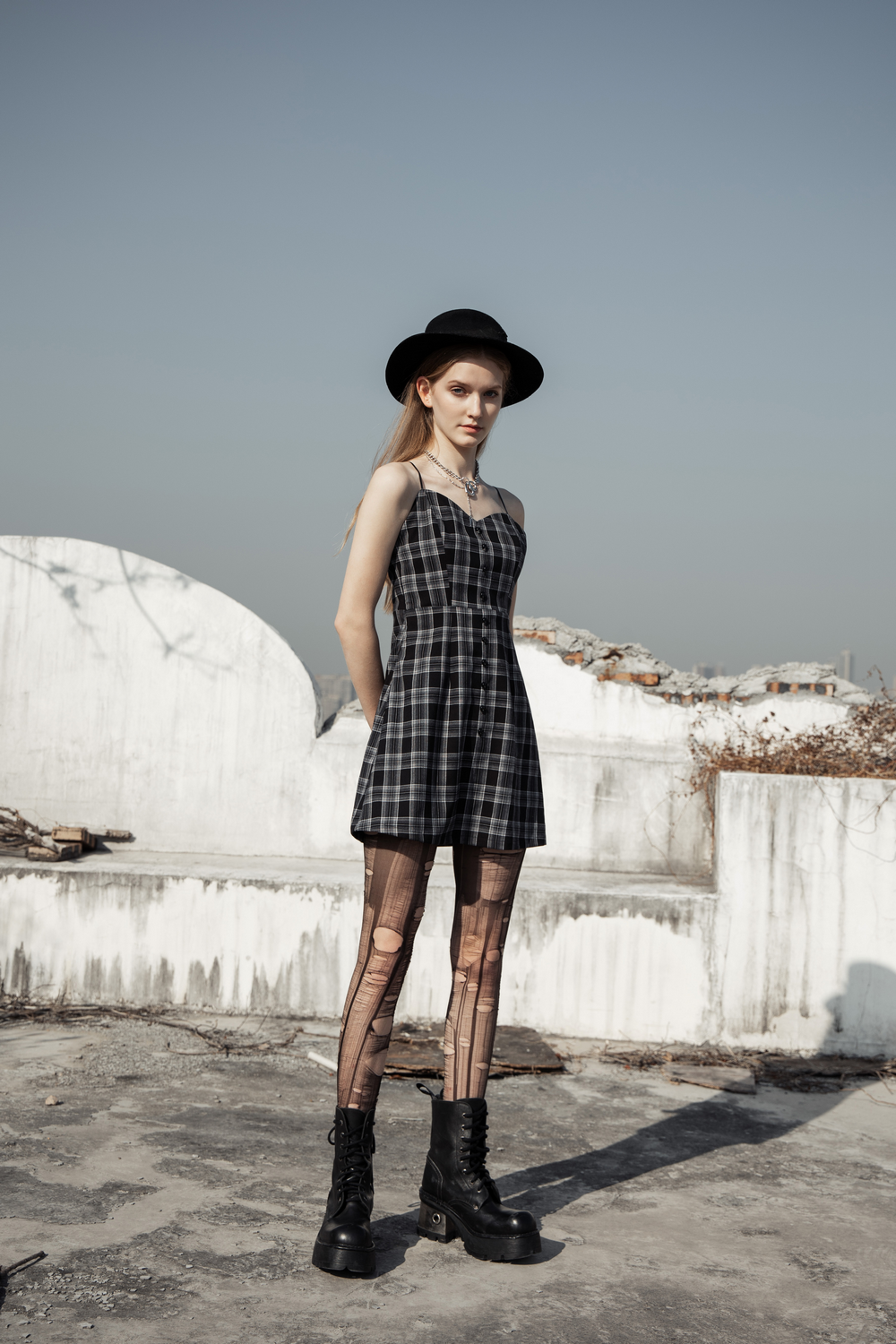 Chic Plaid Button-Front Dress with Thin Straps