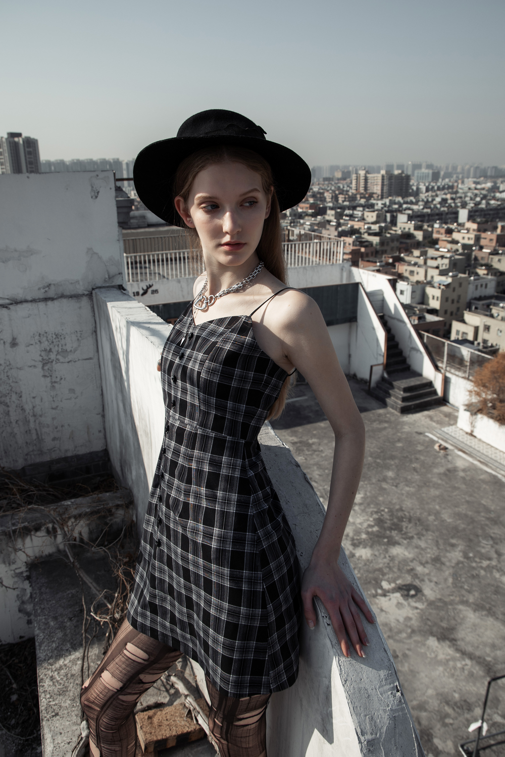 Chic Plaid Button-Front Dress with Thin Straps