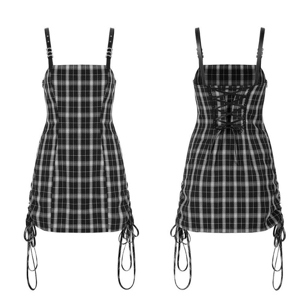 Chic Plaid Lace-Up Mini Dress with Adjustable Straps - HARD'N'HEAVY