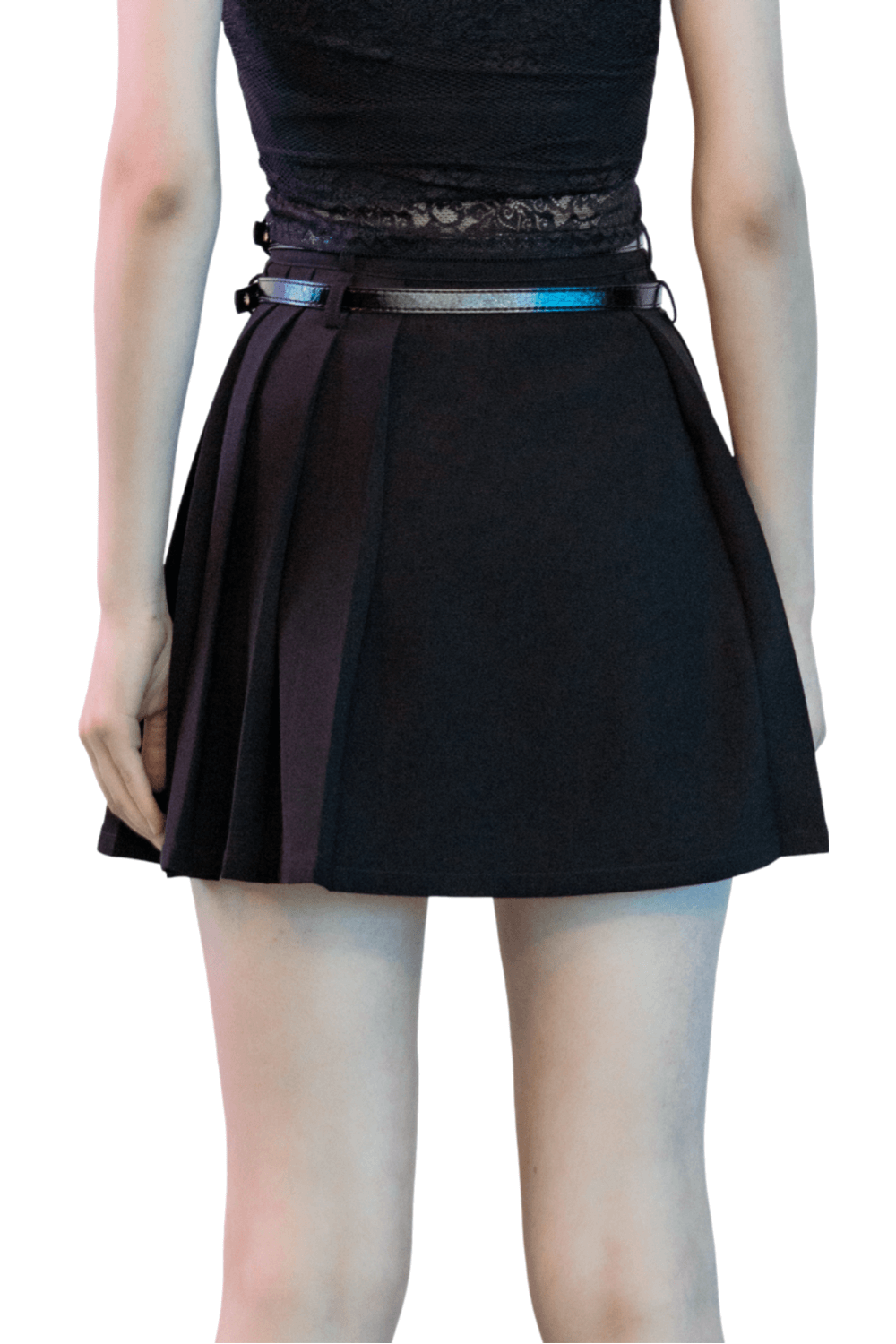 Back view of a chic black pleated skirt with detachable belt and pendant, showcasing stylish A-line silhouette.