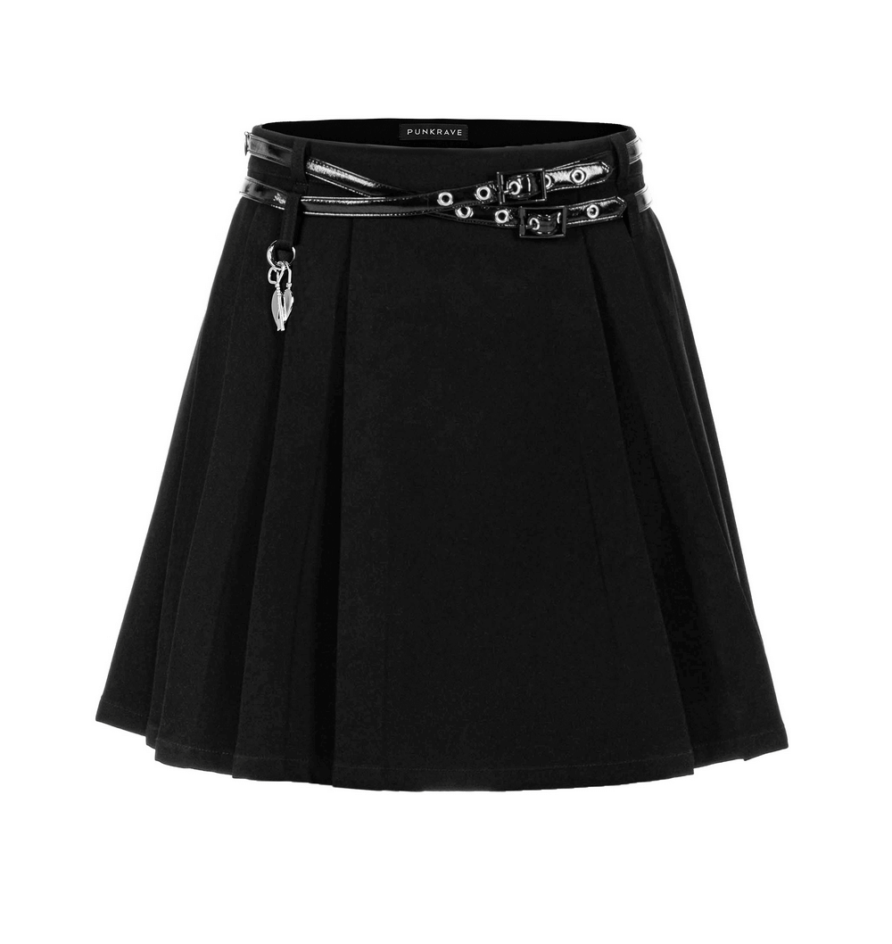 Chic black pleated skirt with detachable belt and pendant, featuring stylish metal accents.