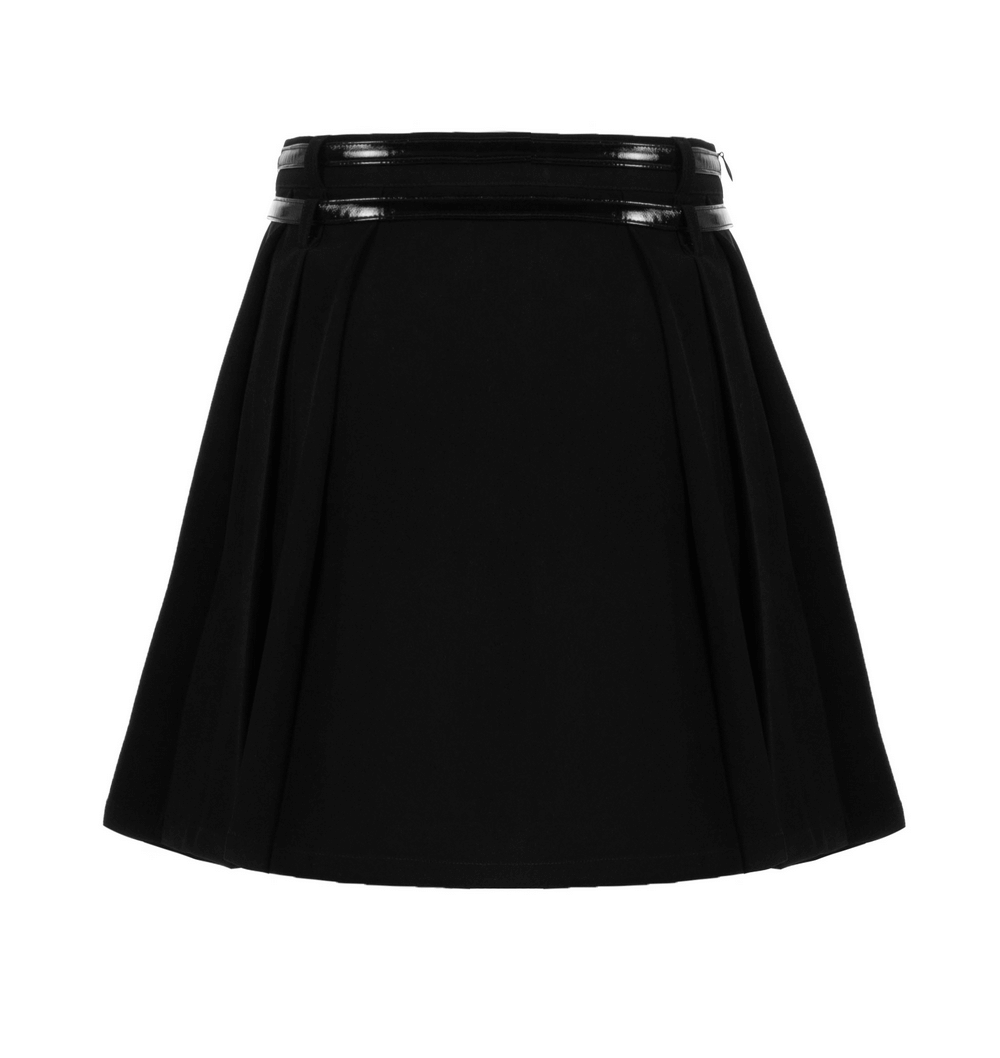 Chic black pleated skirt with detachable cross belt and pendant, perfect for stylish outfits.