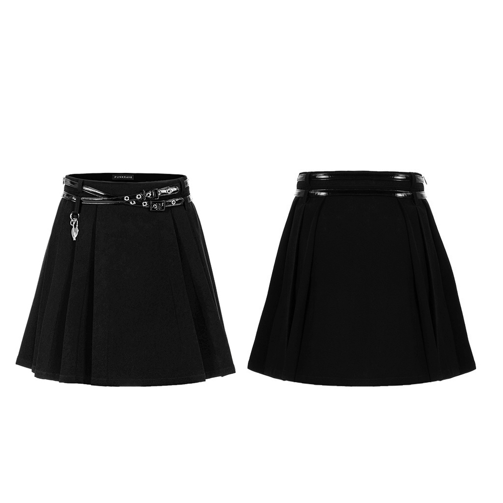 Chic black pleated skirt set with detachable belt and pendant, showcasing stylish A-line design for versatile wear.