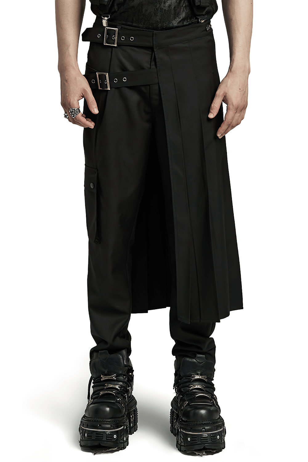 Chic punk asymmetrical pleated half skirt with buckles, showcasing zipper details and urban style.