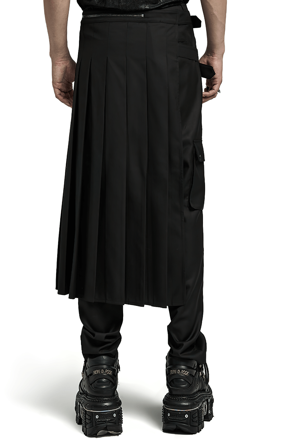 Stylish punk asymmetrical pleated half skirt with zippers, paired with chunky black platform boots.