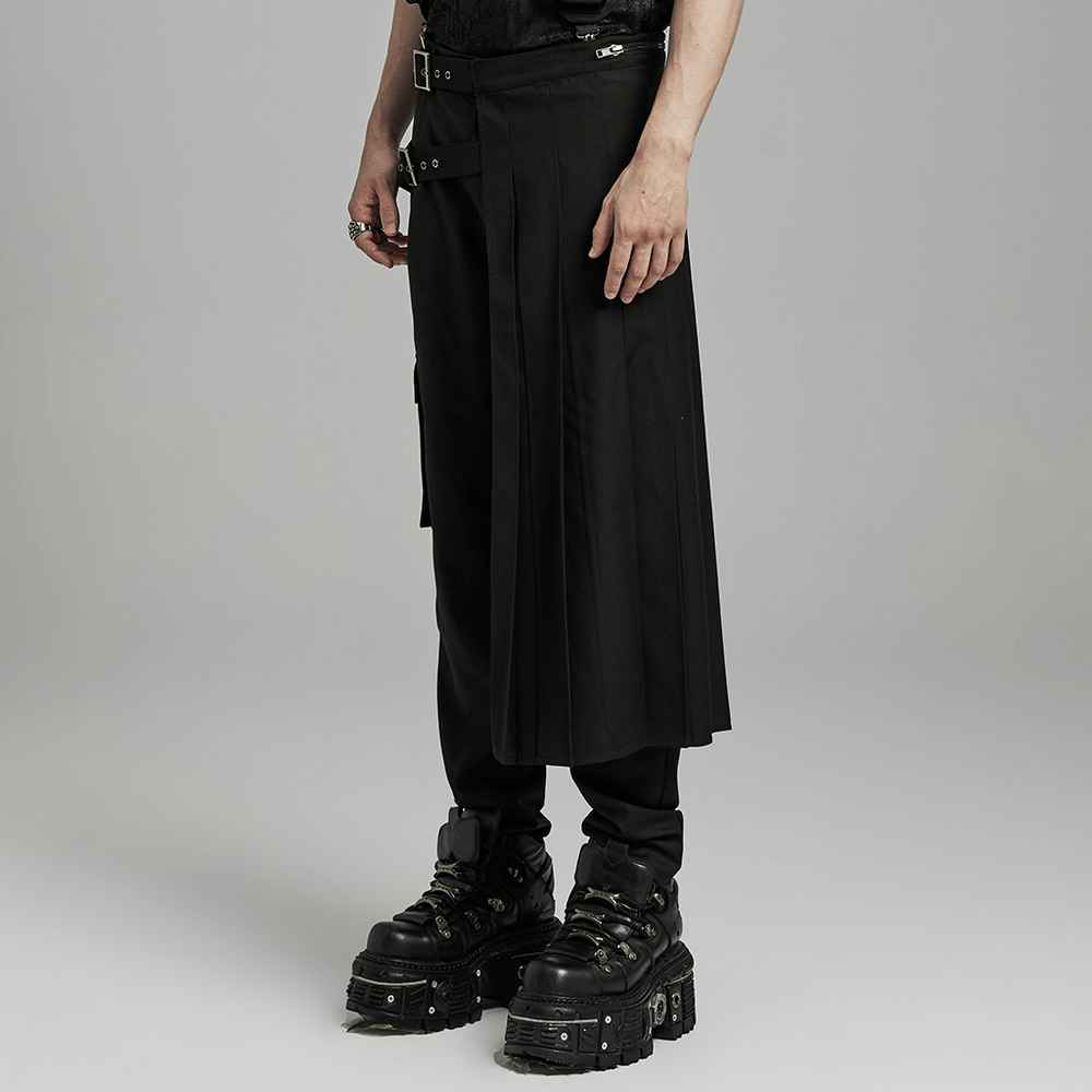 Chic punk asymmetrical pleated half skirt with buckles styled with chunky platform boots.
