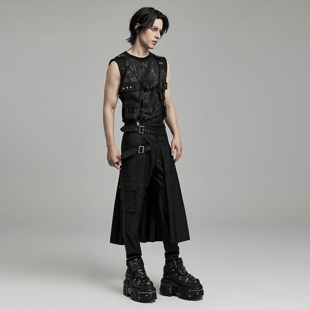 Chic punk model in asymmetrical pleated half skirt and edgy accessories, showcasing urban style and individuality.