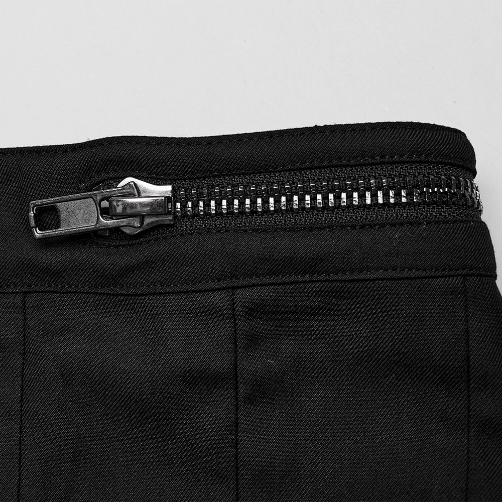 Close-up of a black zipper detail on a chic punk asymmetrical half skirt.