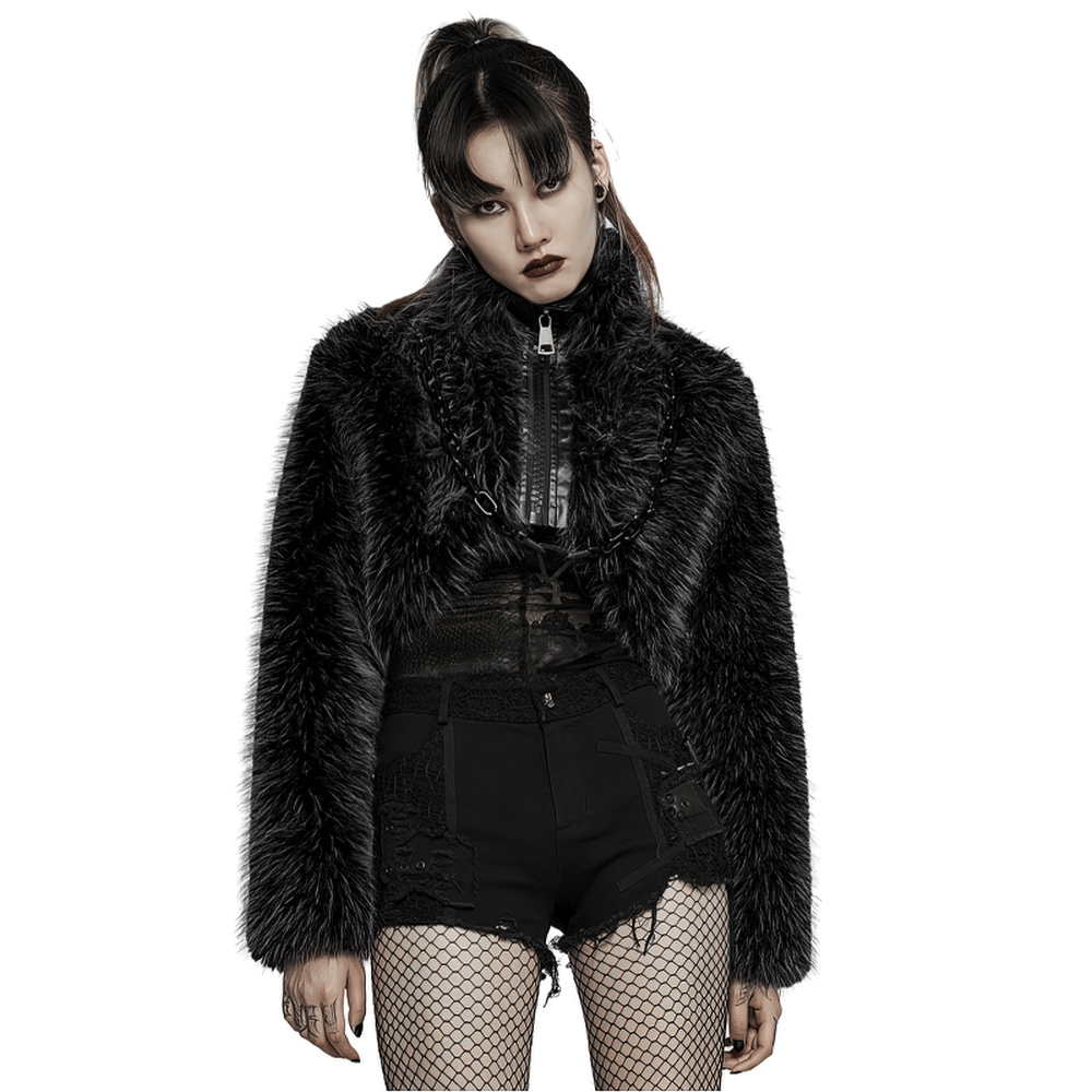 Chic Punk Faux Fur Zippered Crop Jacket showcasing edgy style with faux wool and striking silhouette.