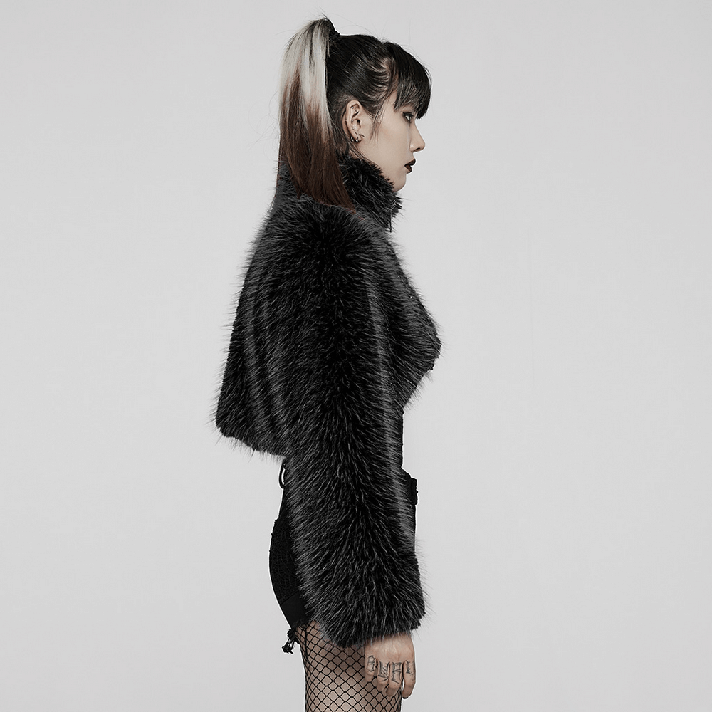 Chic punk faux fur zippered crop jacket showcasing an edgy silhouette and stylish cropped design for a bold fashion statement.