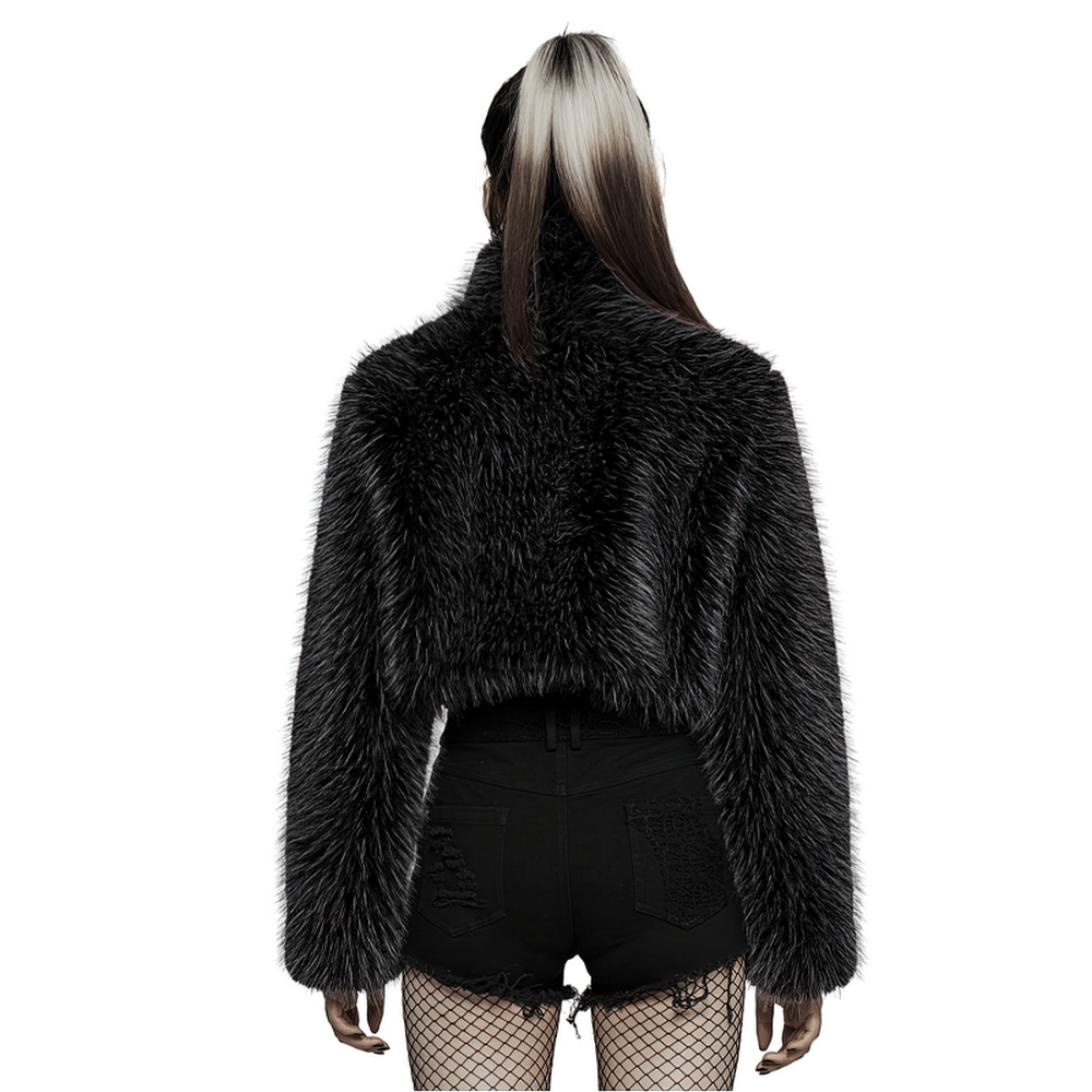 Back view of a chic punk faux fur zippered crop jacket, exuding edgy style with a cropped silhouette.