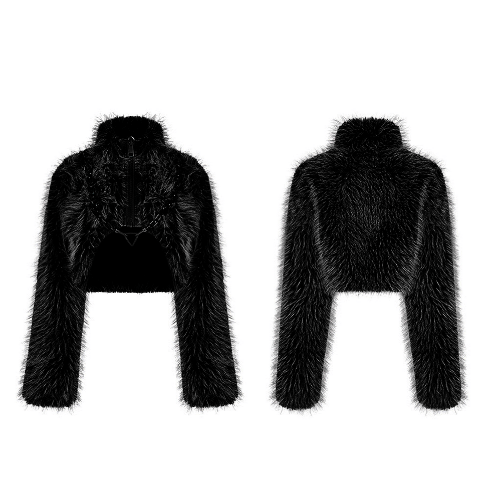 Chic punk faux fur zippered cropped jacket, showcasing a trendy black design from front and back views.