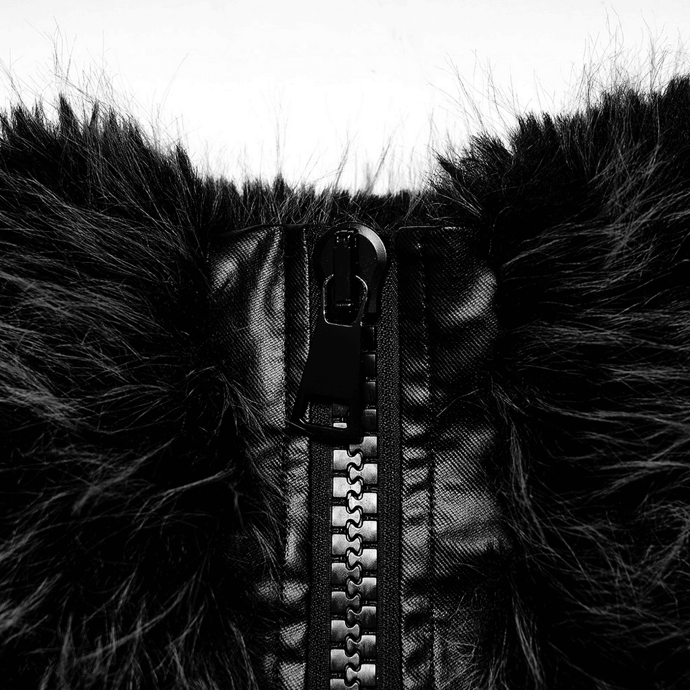 Close-up of the zipper on a chic punk faux fur jacket, showcasing edgy style and unique texture.