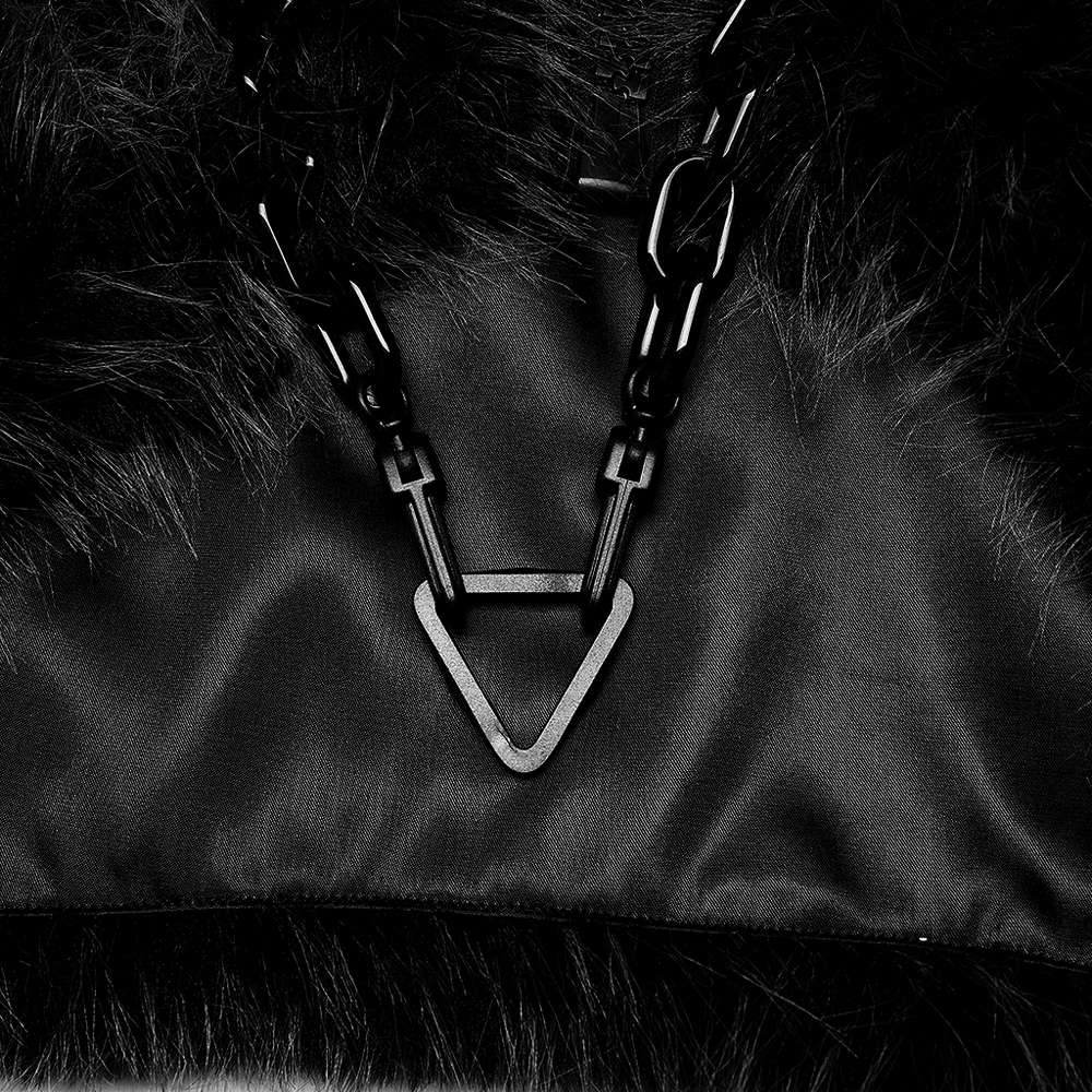 Chic punk faux fur zippered crop jacket featuring a bold black detachable chain with triangle pendant.