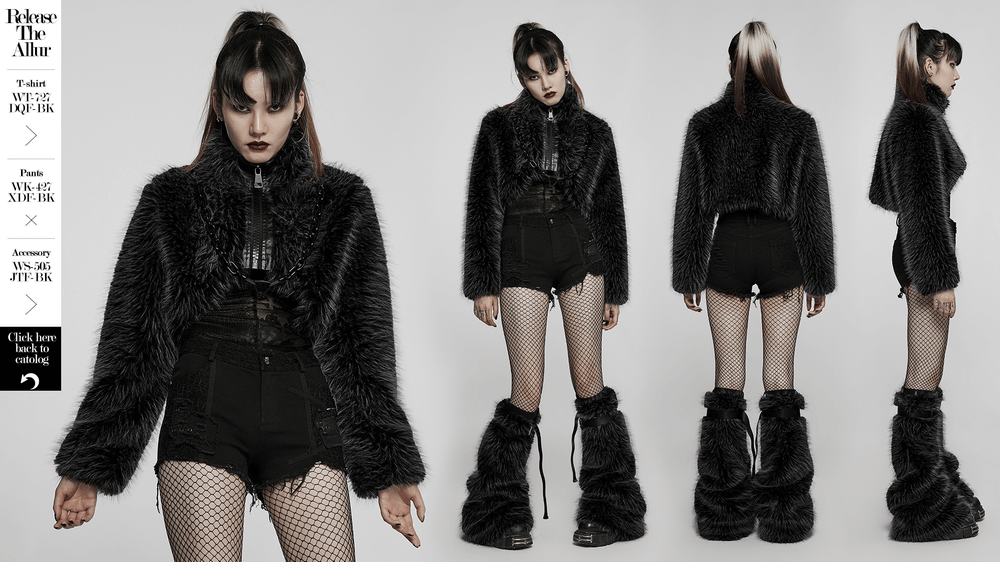 Chic punk faux fur zippered crop jacket styled with edgy shorts and fishnet tights for a bold fashion statement.