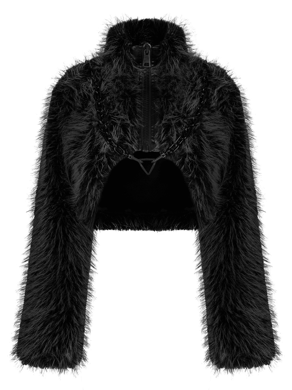 Chic Punk Faux Fur Zippered Crop Jacket with edgy cropped fit and detachable bright chain detail.