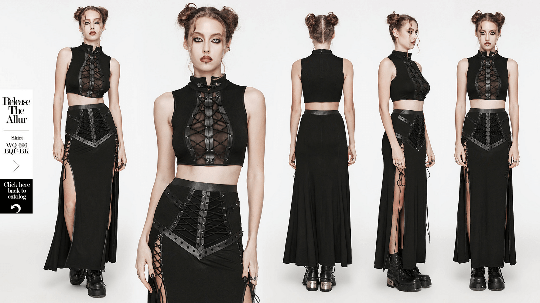 Chic Punk Lace-up Crop Top with Buckle, stylish mesh splice details, showcased on a model in multiple angles.
