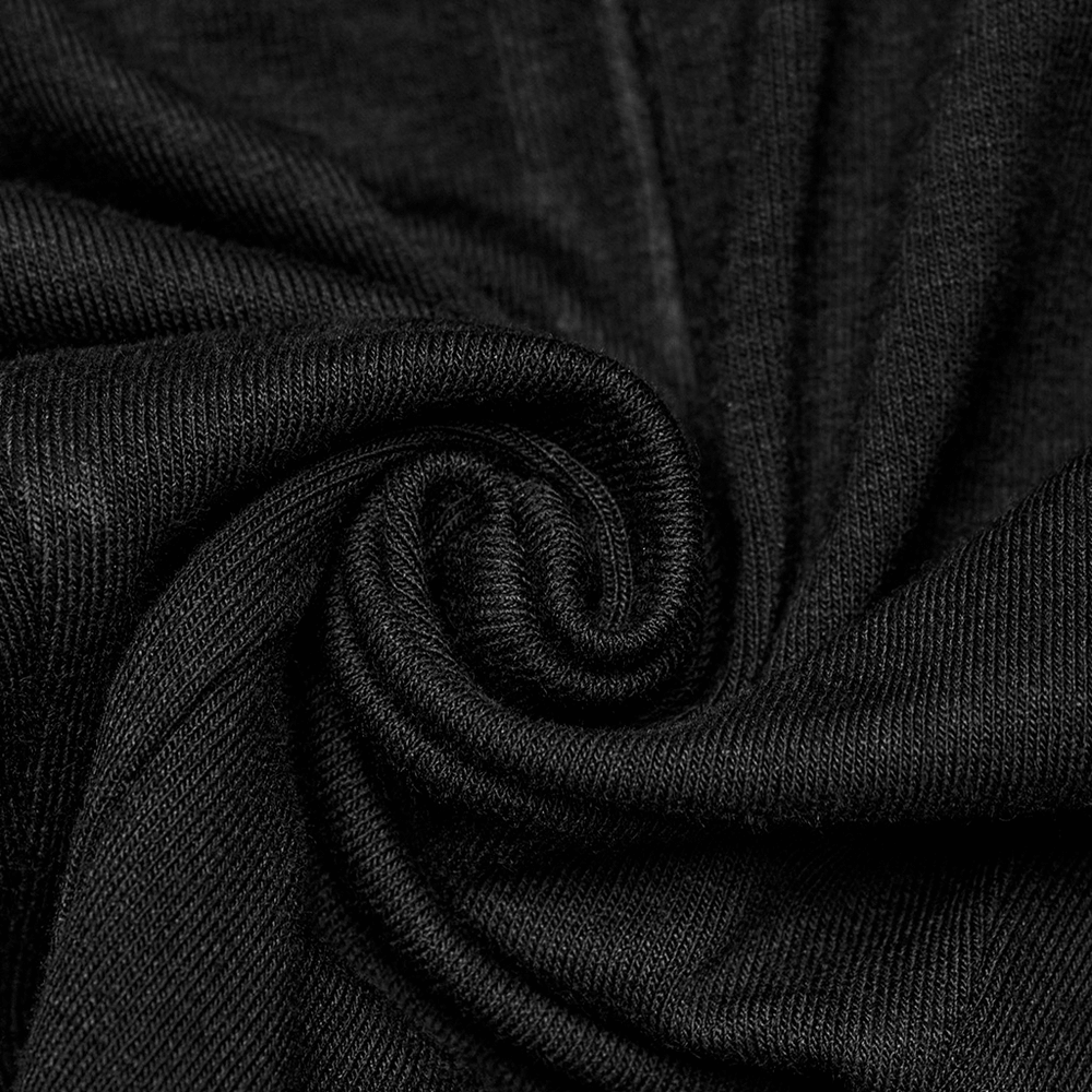 Close-up of black stretch knit fabric showcasing smooth texture and versatility for chic punk styles.